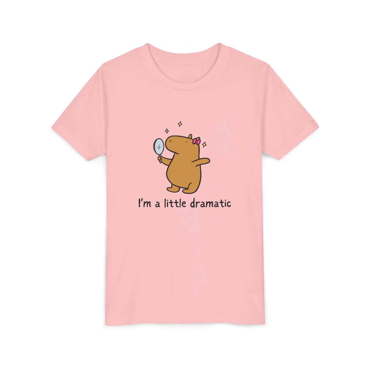 Capy Life youth t-shirt in light pink cotton featuring a cute capybara with a bow holding a mirror and sparkles.