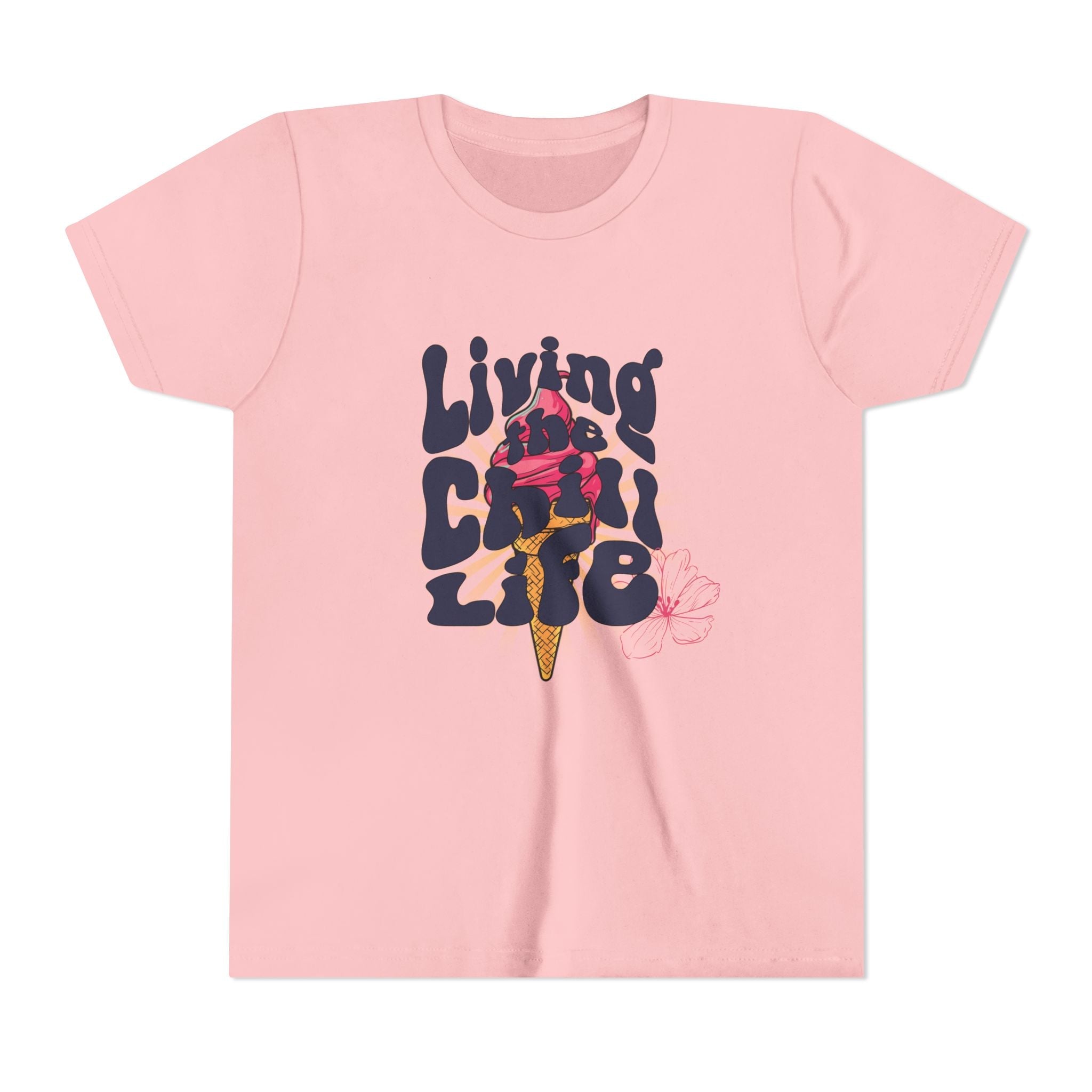 Capy Life light pink youth t-shirt featuring a retro ice cream graphic with the text Living the Chill Life