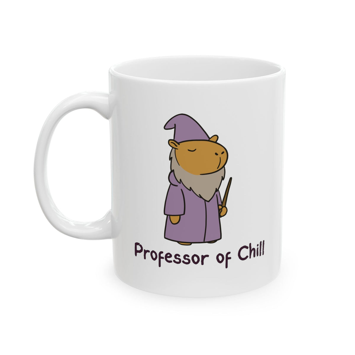 Capy Life white ceramic coffee mug featuring a cute capybara wizard in a purple robe with the text Professor of Chill