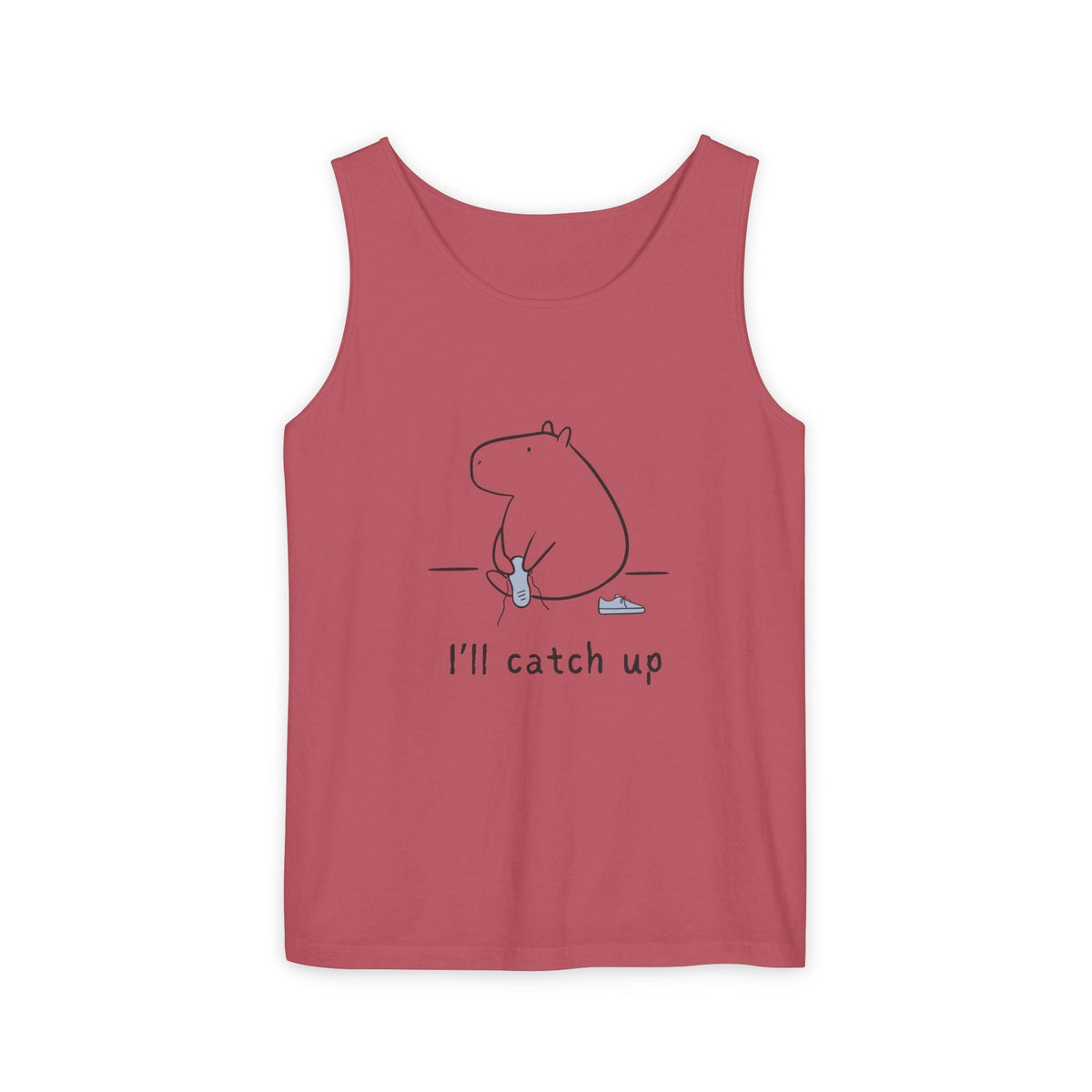 Capy Life red Comfort Colors tank top featuring a minimalist capybara illustration with the text I'll catch up