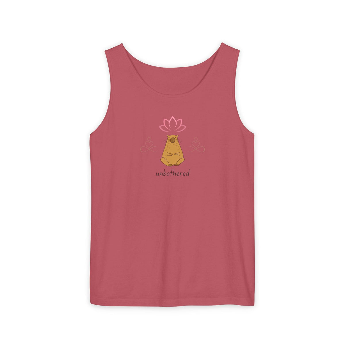 Capy Life red tank top featuring a minimalist meditating capybara graphic with a lotus flower and unbothered text.