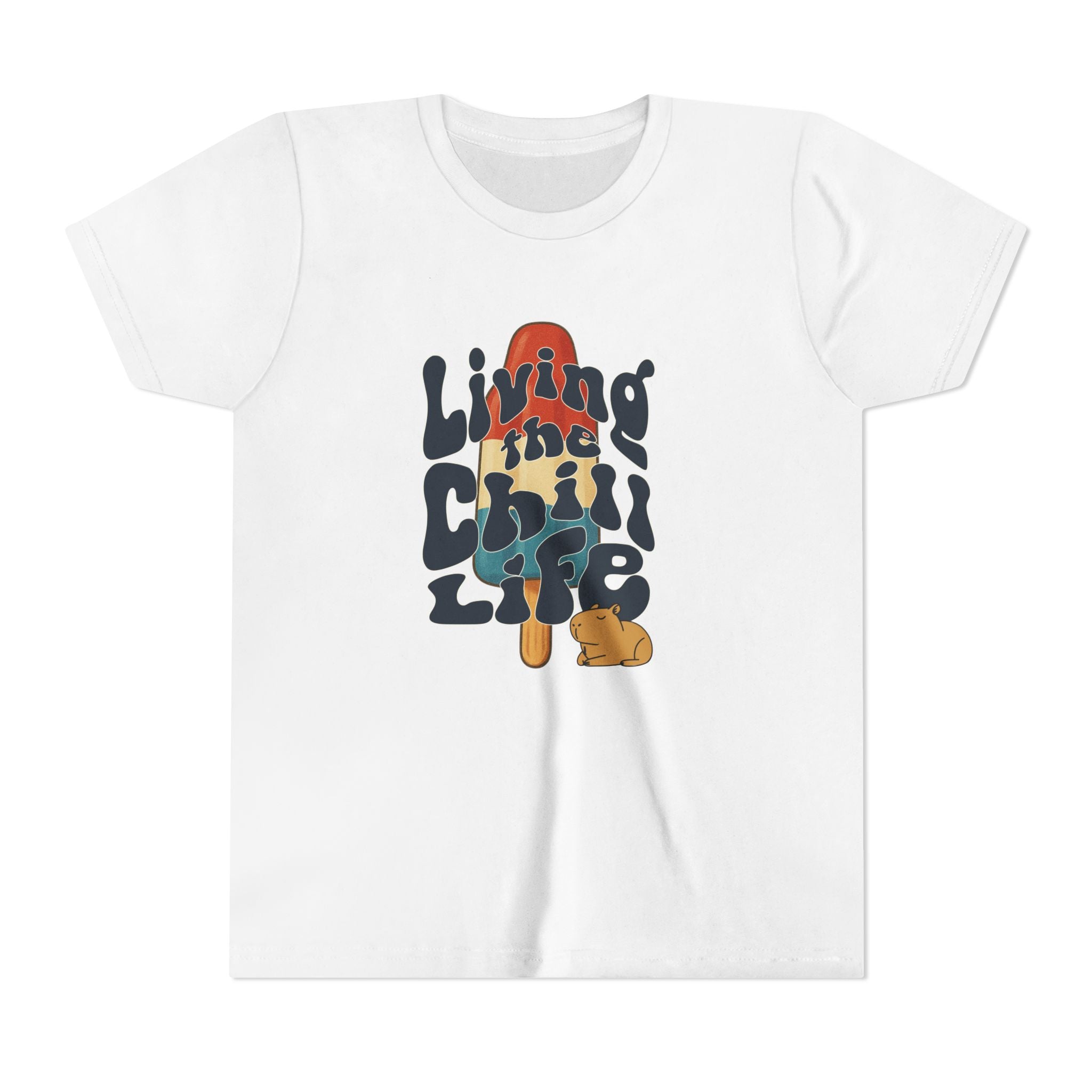 Capy Life youth white cotton t-shirt featuring a retro popsicle graphic with a capybara and Living the Chill Life text.
