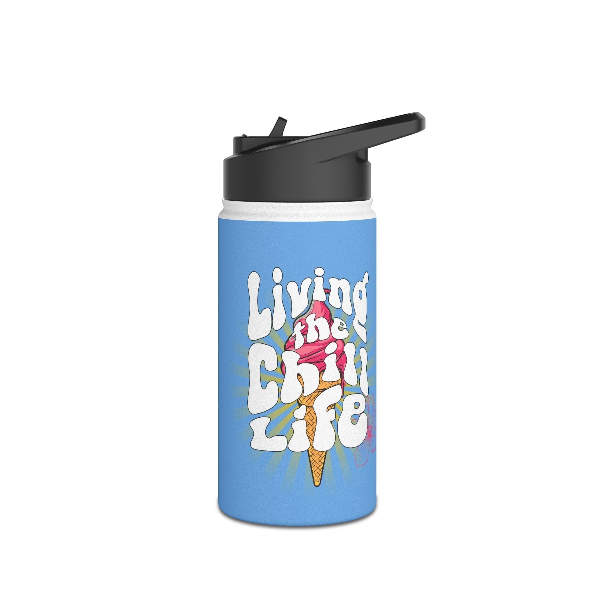 Capy Life 12oz stainless steel kids water bottle with blue matte finish, retro ice cream graphic, and flip straw lid.