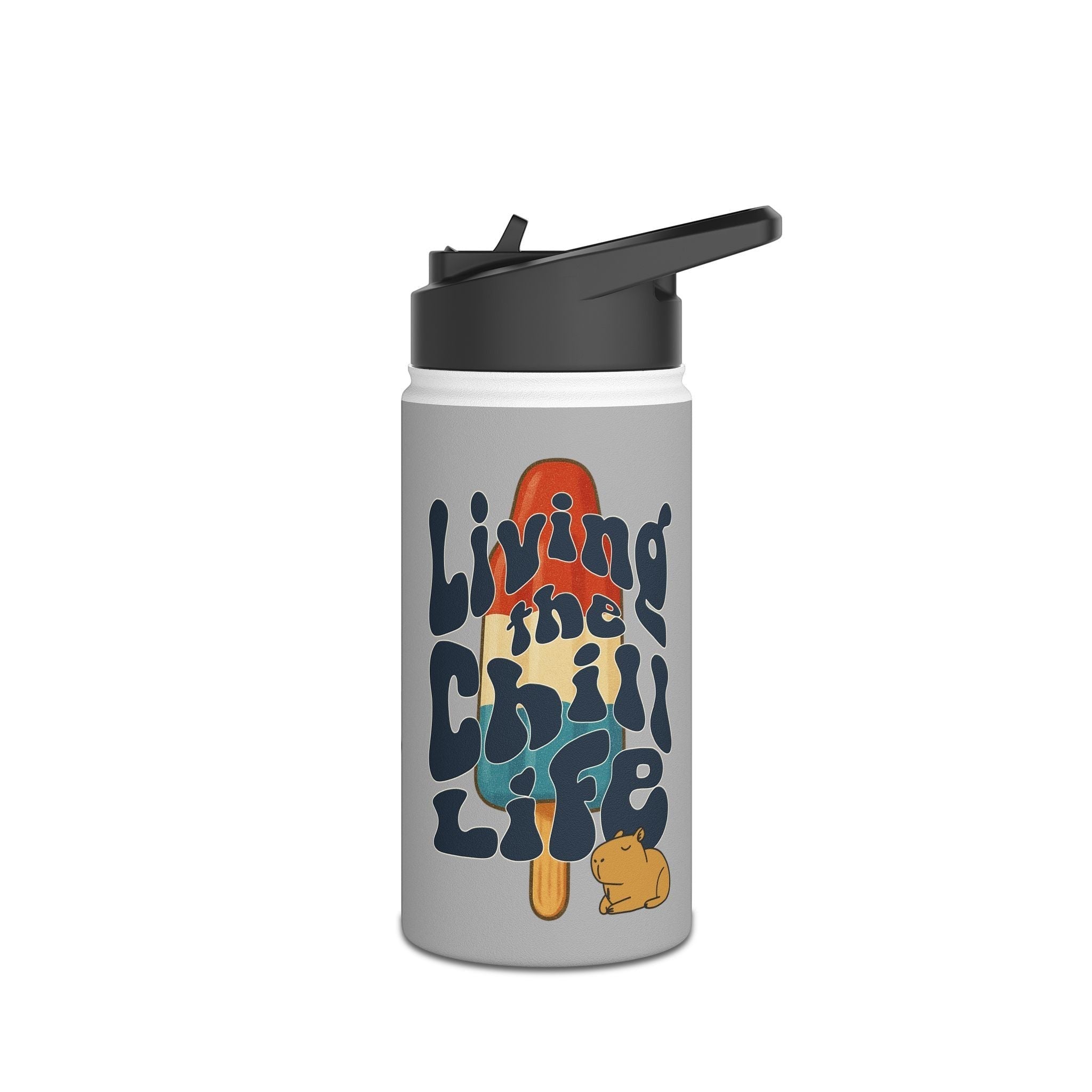 Capy Life insulated kids water bottle with a retro popsicle design, groovy lettering, and a cute capybara illustration.