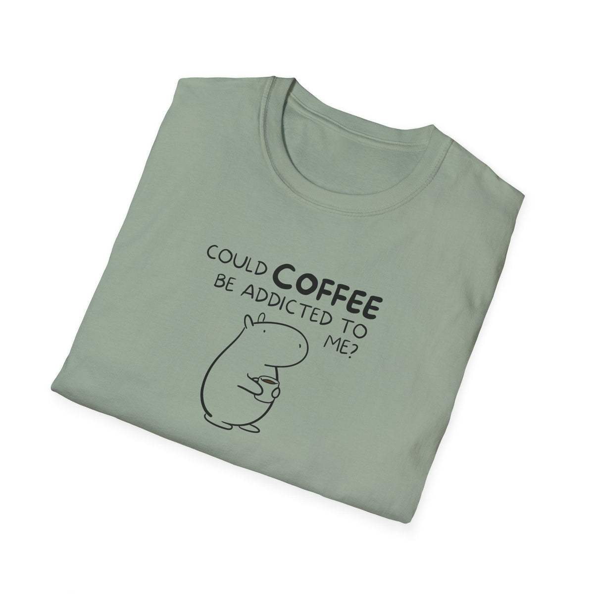 Capy Life sage green softstyle t-shirt featuring a minimalist hand-drawn capybara holding a coffee cup with text.