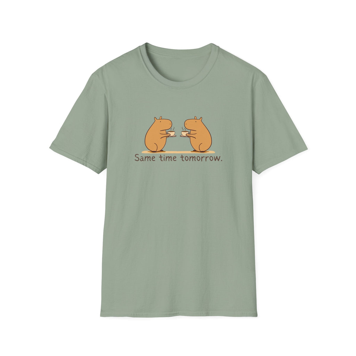 Capy Life sage green softstyle t-shirt featuring a hand-drawn graphic of two capybaras drinking coffee together.