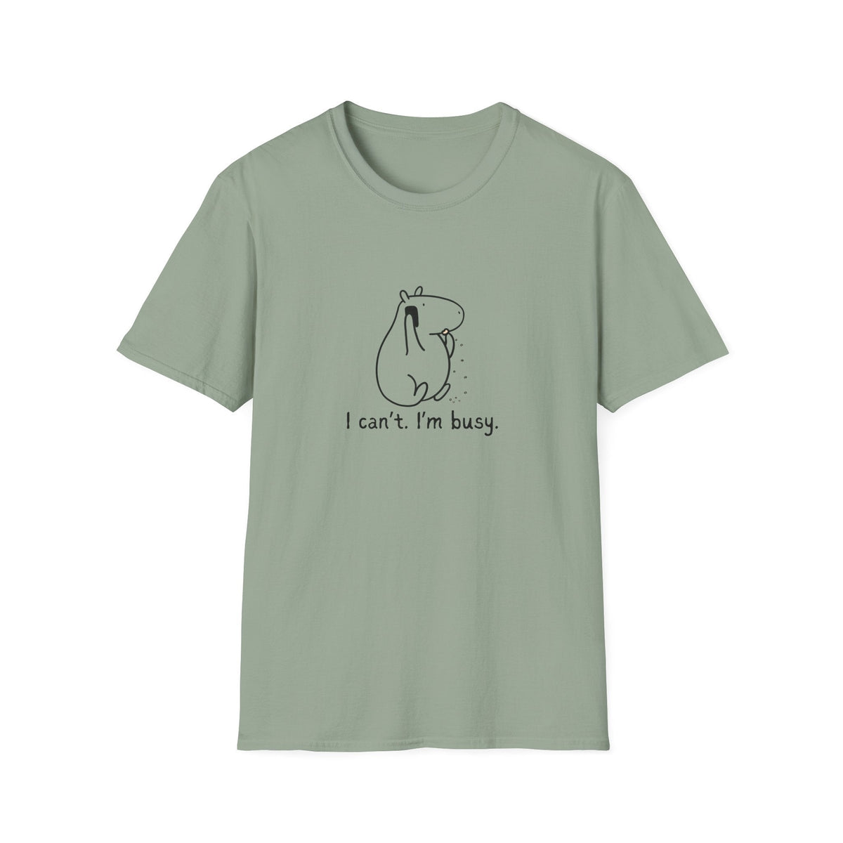 Capy Life sage green softstyle adult t-shirt featuring a minimalist line drawing of a busy capybara graphic