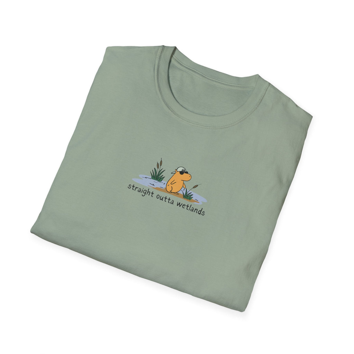 Capy Life sage green softstyle t-shirt featuring a hand-drawn capybara in a backwards hat with Straight Outta Wetlands