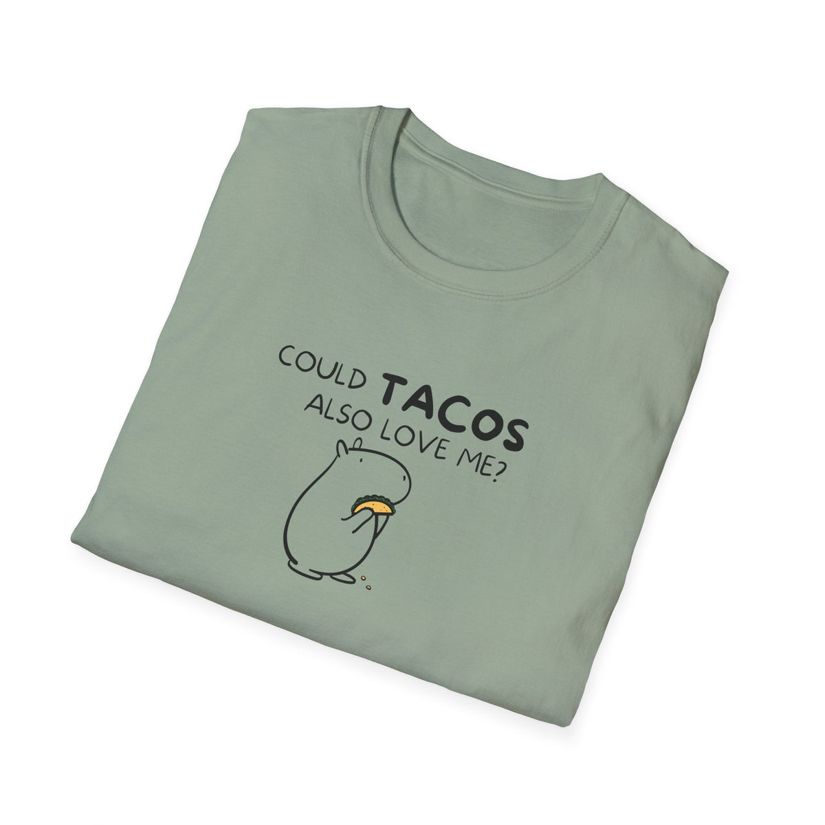 Capy Life sage green crewneck t-shirt featuring a minimalist black line art graphic of a capybara holding a taco.