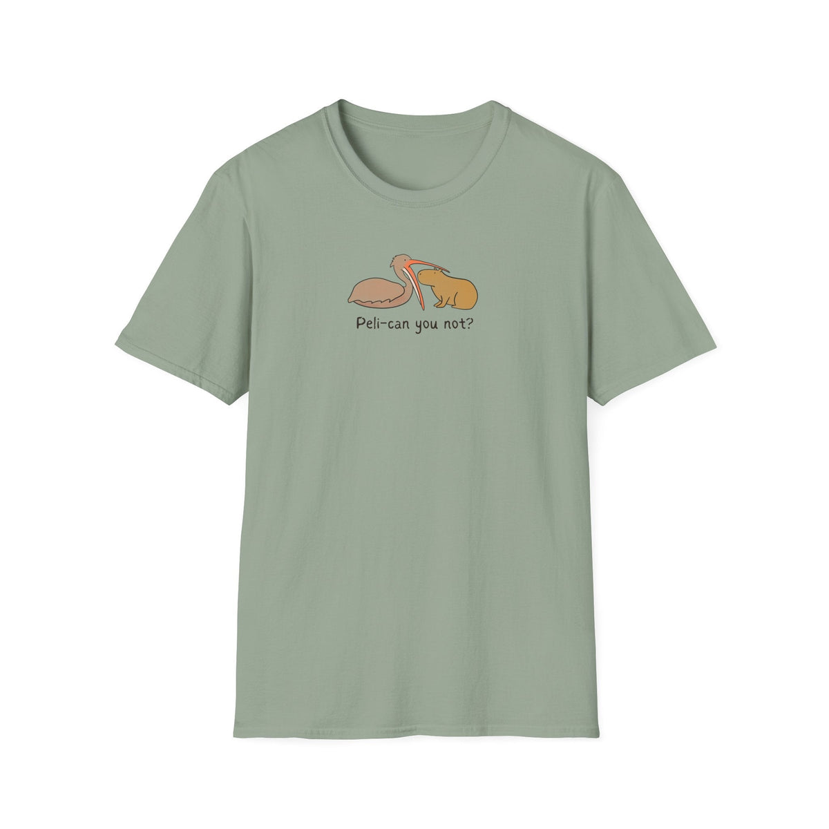 Capy Life sage green softstyle t-shirt featuring a hand-drawn pelican and unimpressed capybara with Peli-can you not text