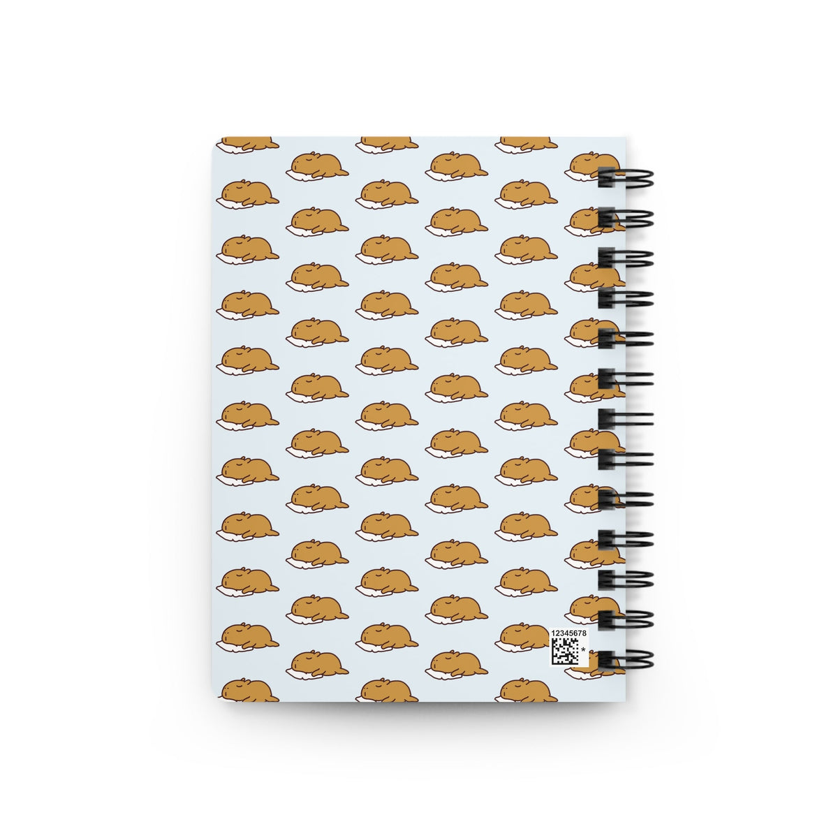 Capy Life spiral notebook featuring a repeating pattern of cute sleeping capybaras on a soft blue background.