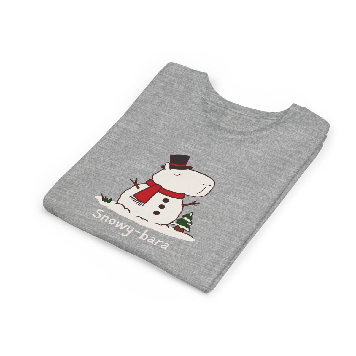 Capy Life grey kids t-shirt featuring a cute Snowy-bara snowman capybara illustration with a red scarf and top hat.