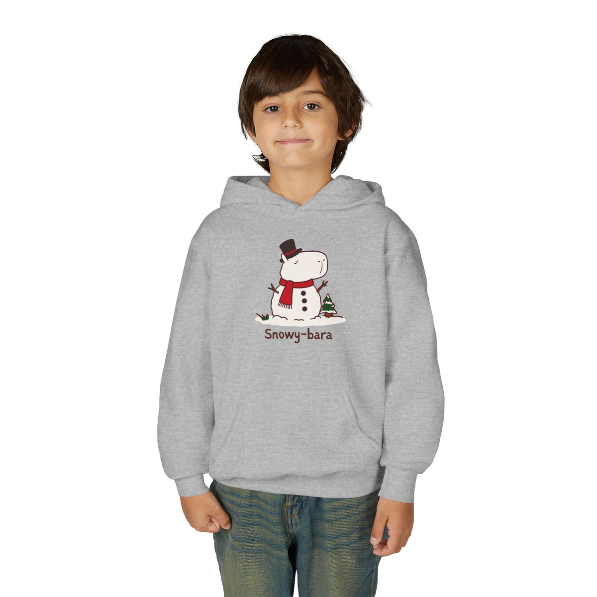 Capy Life heather gray youth hoodie featuring a cute Snowy-bara capybara snowman illustration with a red scarf.