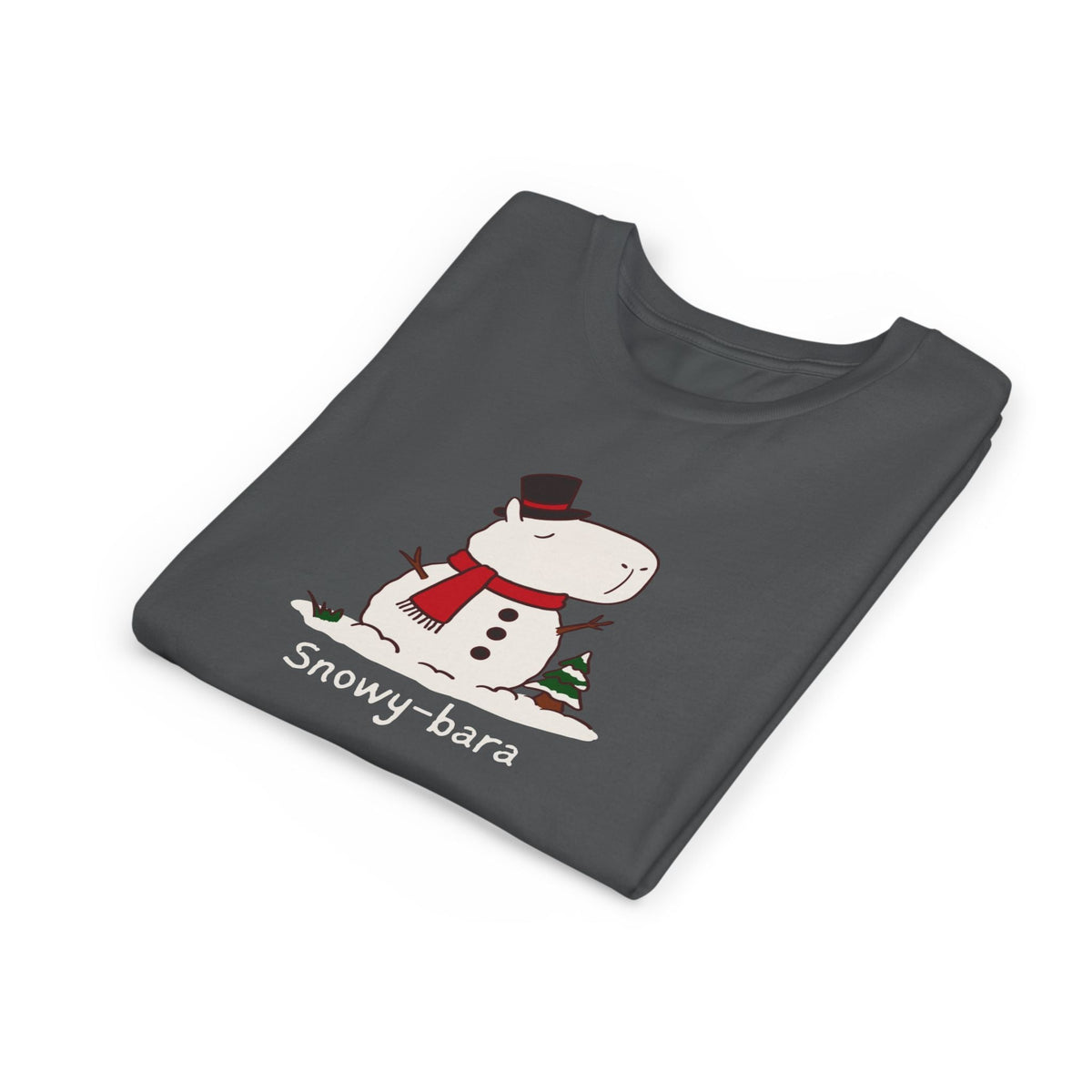 Capy Life kids charcoal grey t-shirt featuring a cute Snowy-bara snowman capybara illustration with a red scarf