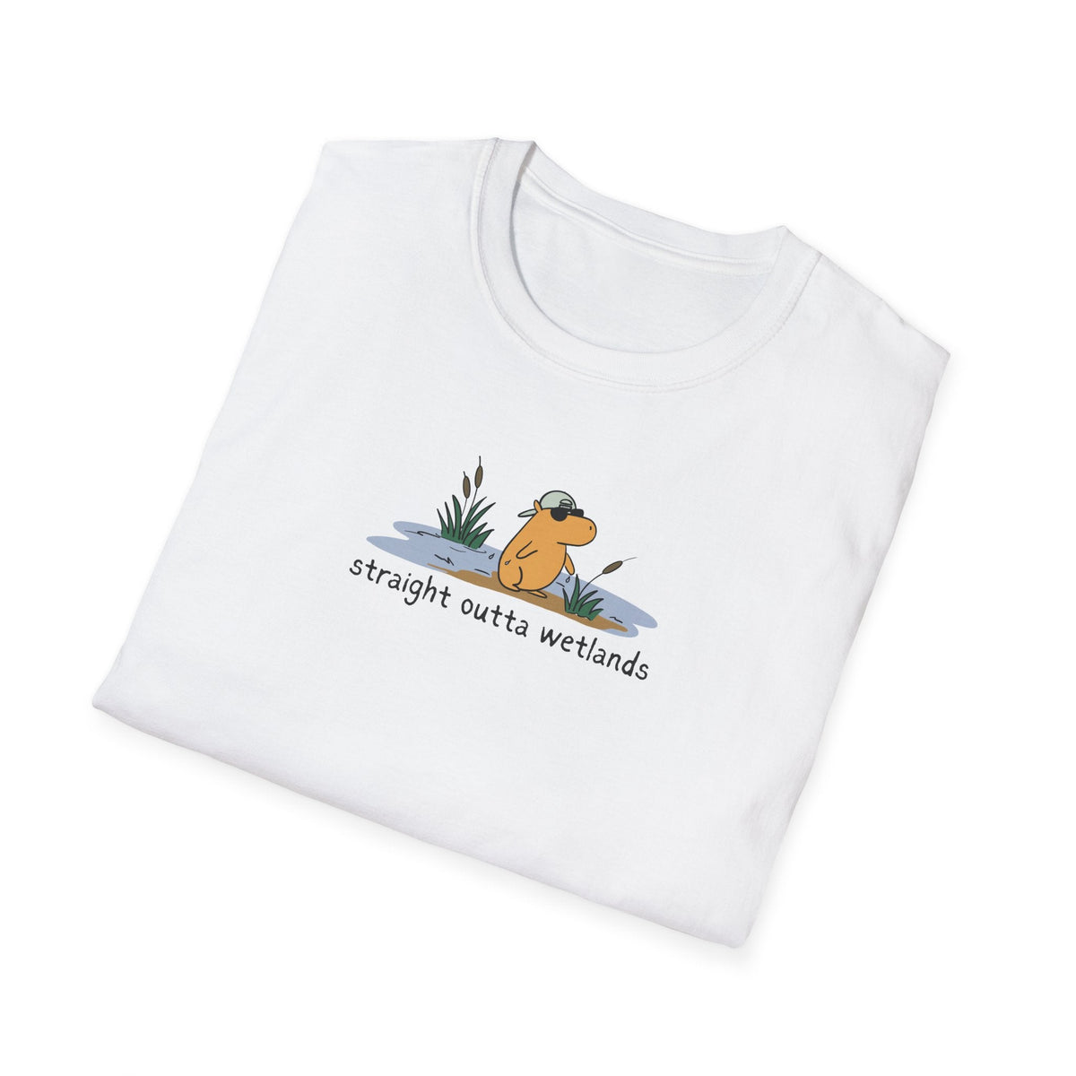 Capy Life white softstyle t-shirt featuring a hand-drawn capybara in a backwards hat with Straight Outta Wetlands text