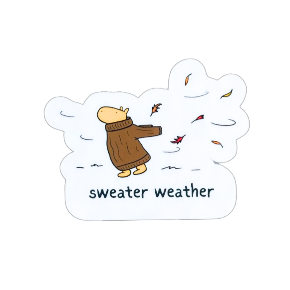 Capy Life die-cut sticker featuring a capybara in a brown sweater blowing in the wind with autumn leaves and text.