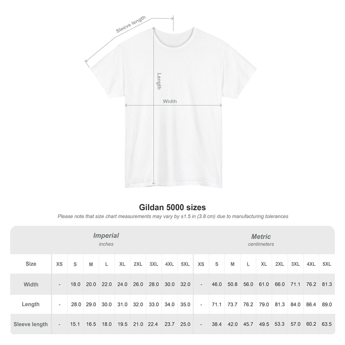 Capy Life white unisex t-shirt size chart showing measurements for length, width, and sleeve length for Gildan 5000.