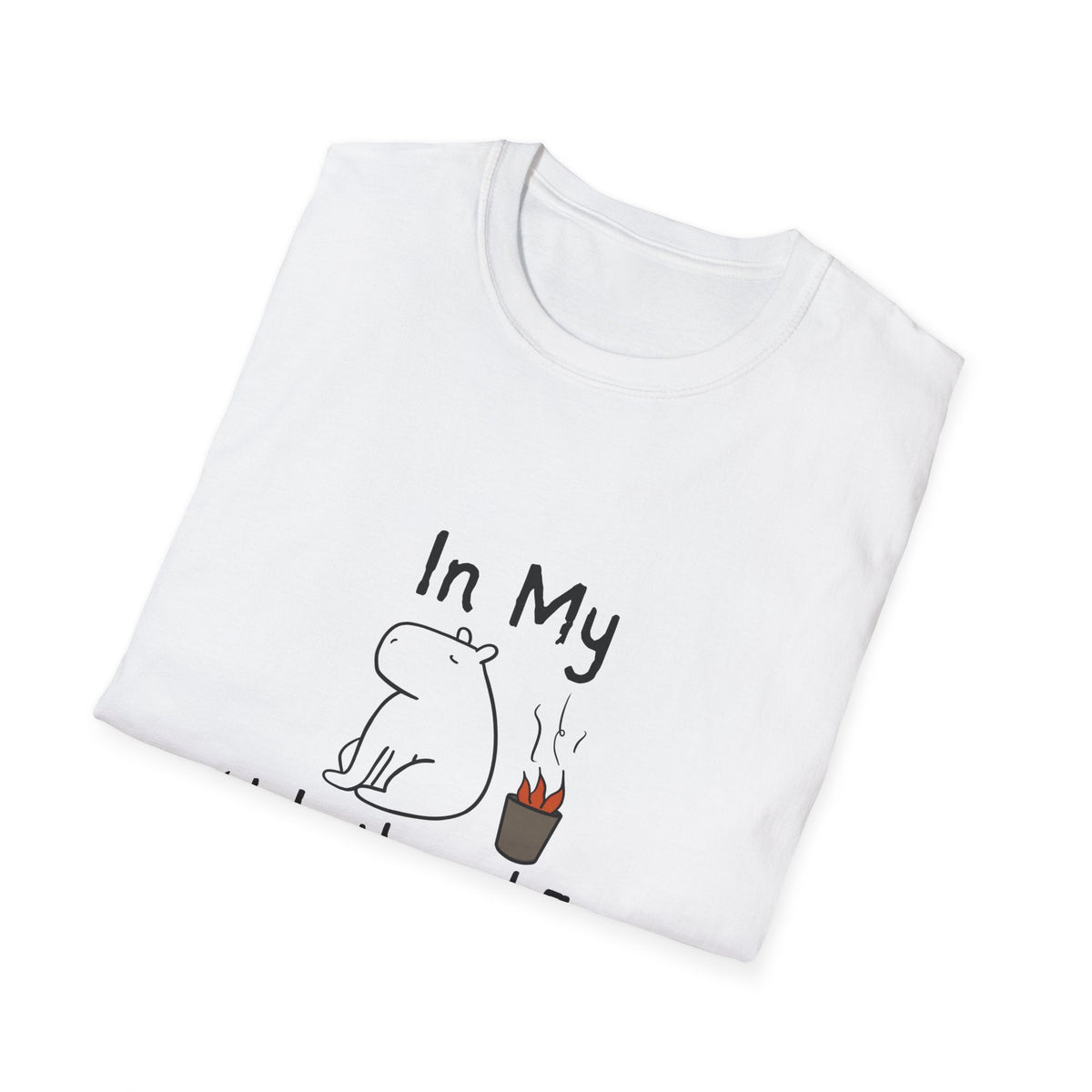 Capy Life white softstyle t-shirt featuring a hand-drawn capybara sitting calmly next to a small fire with text