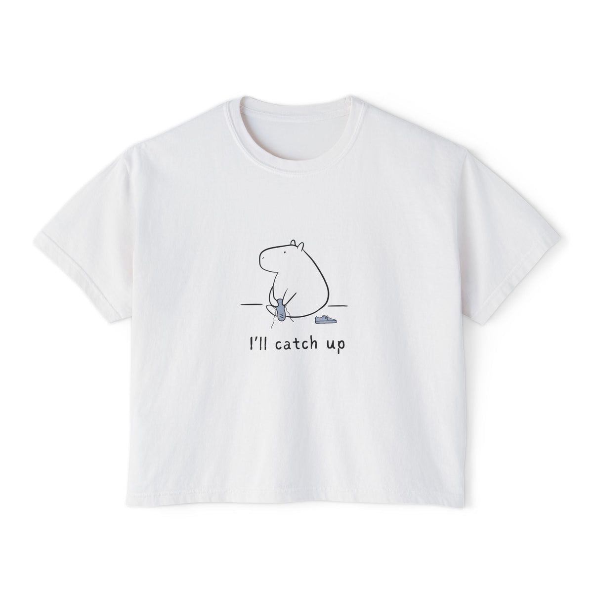 Capy Life white boxy tee featuring a minimalist line-drawn capybara graphic and the text I'll catch up.
