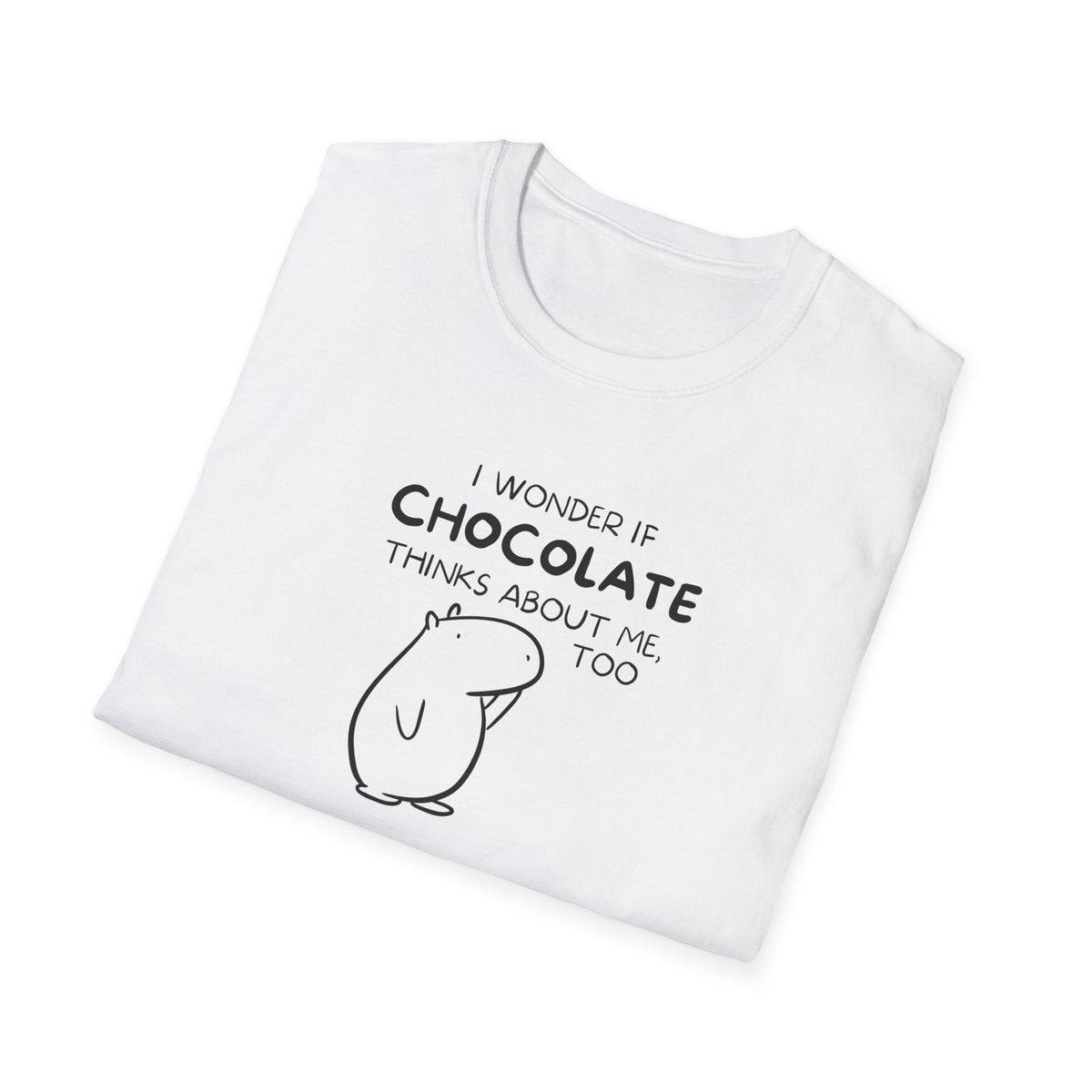 Capy Life white softstyle t-shirt featuring Gene the Capybara line art and the text I wonder if chocolate thinks about me