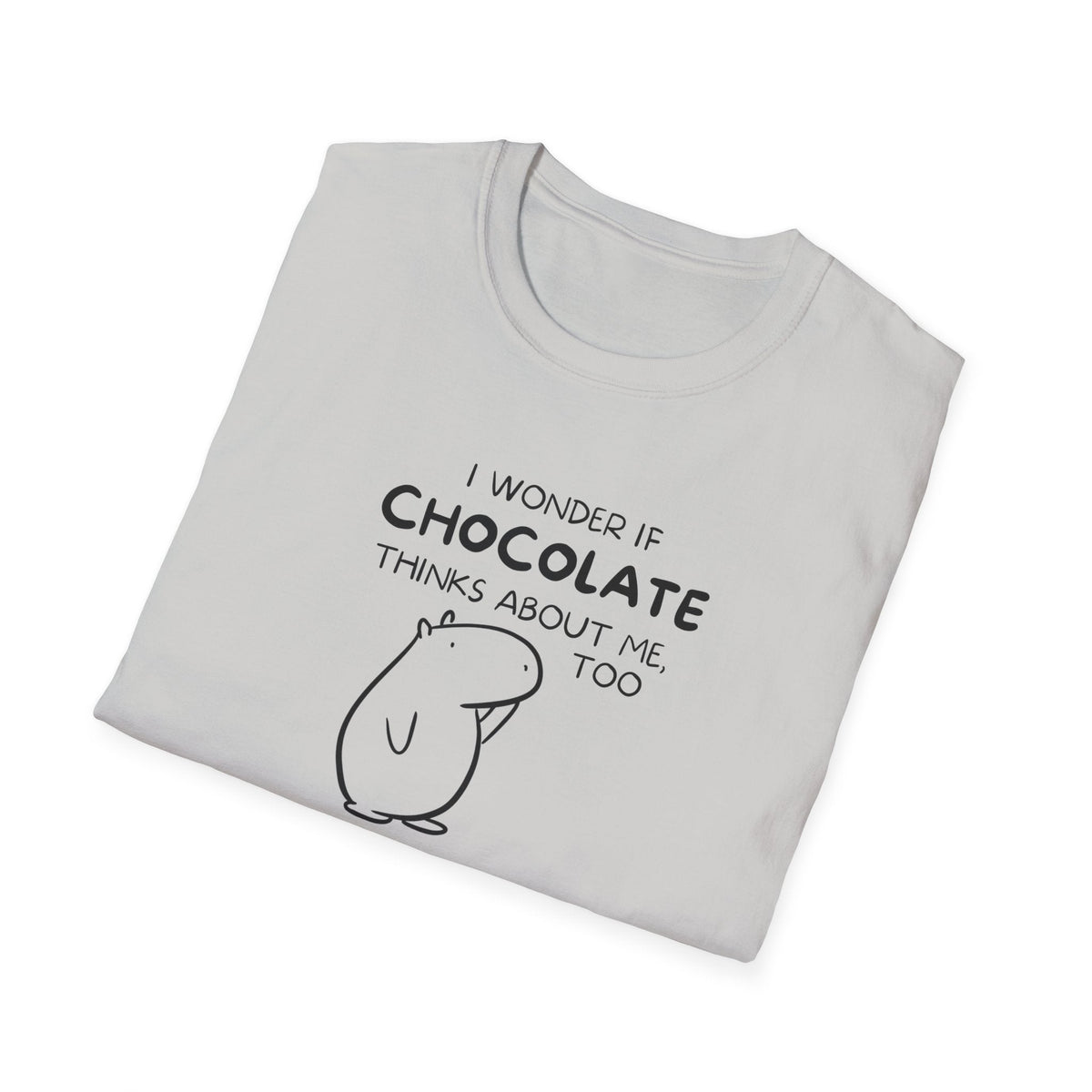 Capy Life softstyle t-shirt in white featuring Gene the Capybara line art and funny chocolate quote text.