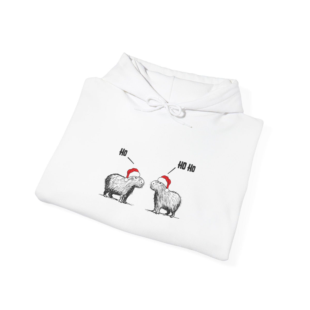 Capy Life white hoodie featuring a sketch of two capybaras in Santa hats saying Ho Ho Ho for a funny Christmas look.