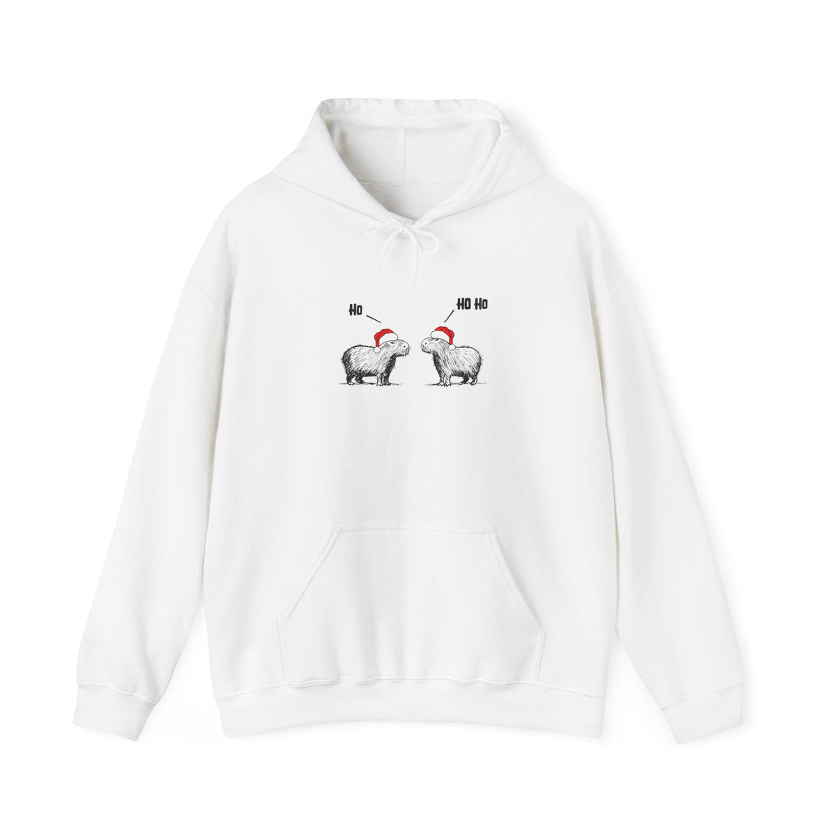 Capy Life white hoodie featuring a sketch of two capybaras in Santa hats saying Ho and Ho Ho for a funny Christmas look