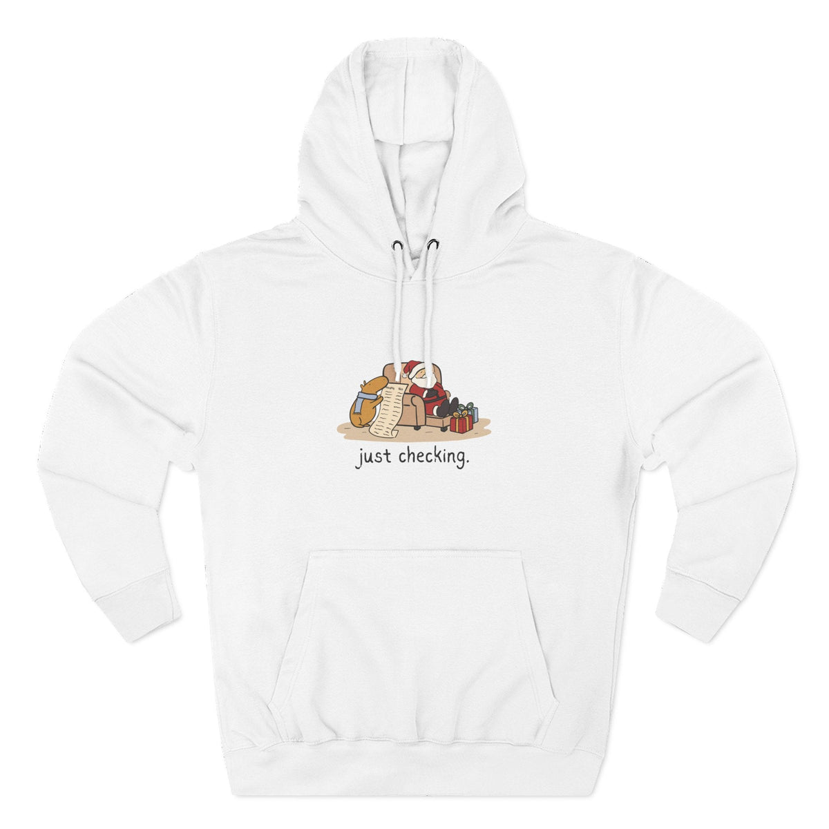 Capy Life white fleece hoodie featuring a funny hand-drawn capybara checking Santa's naughty-or-nice list.