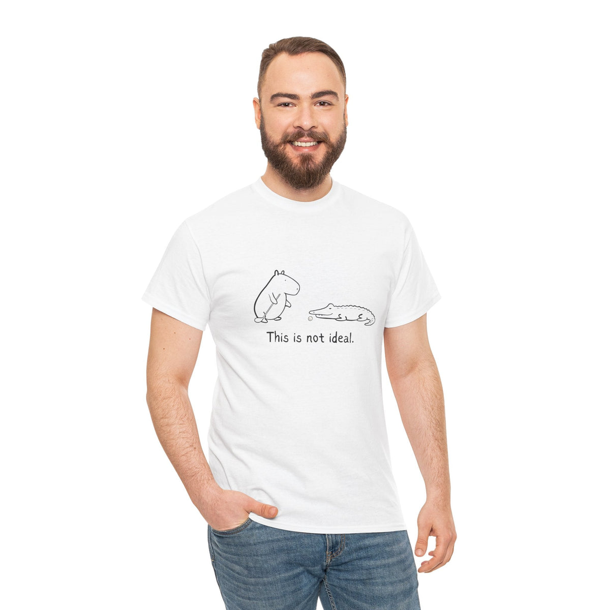 Capy Life white heavy cotton t-shirt featuring a minimalist capybara and alligator golf graphic with funny text.