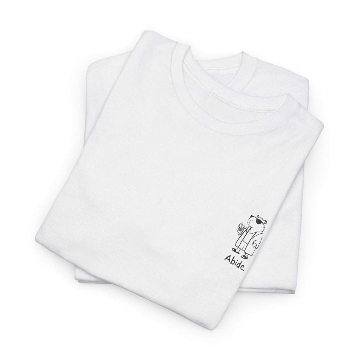 Capy Life white heavy cotton t-shirt with a small left chest graphic of a capybara in a robe and sunglasses.