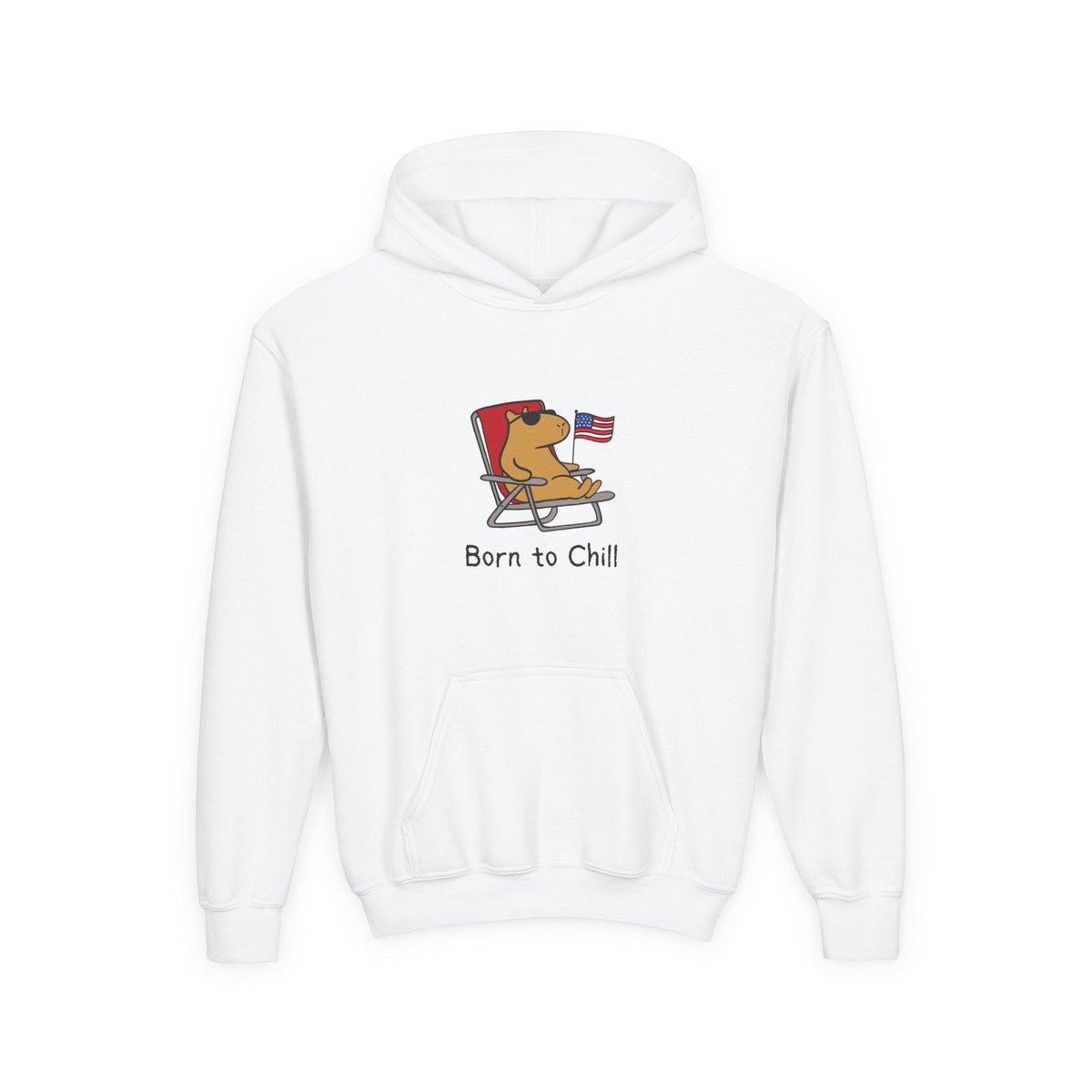 Capy Life white youth hoodie featuring a capybara lounging in a chair with an American flag and Born to Chill text.