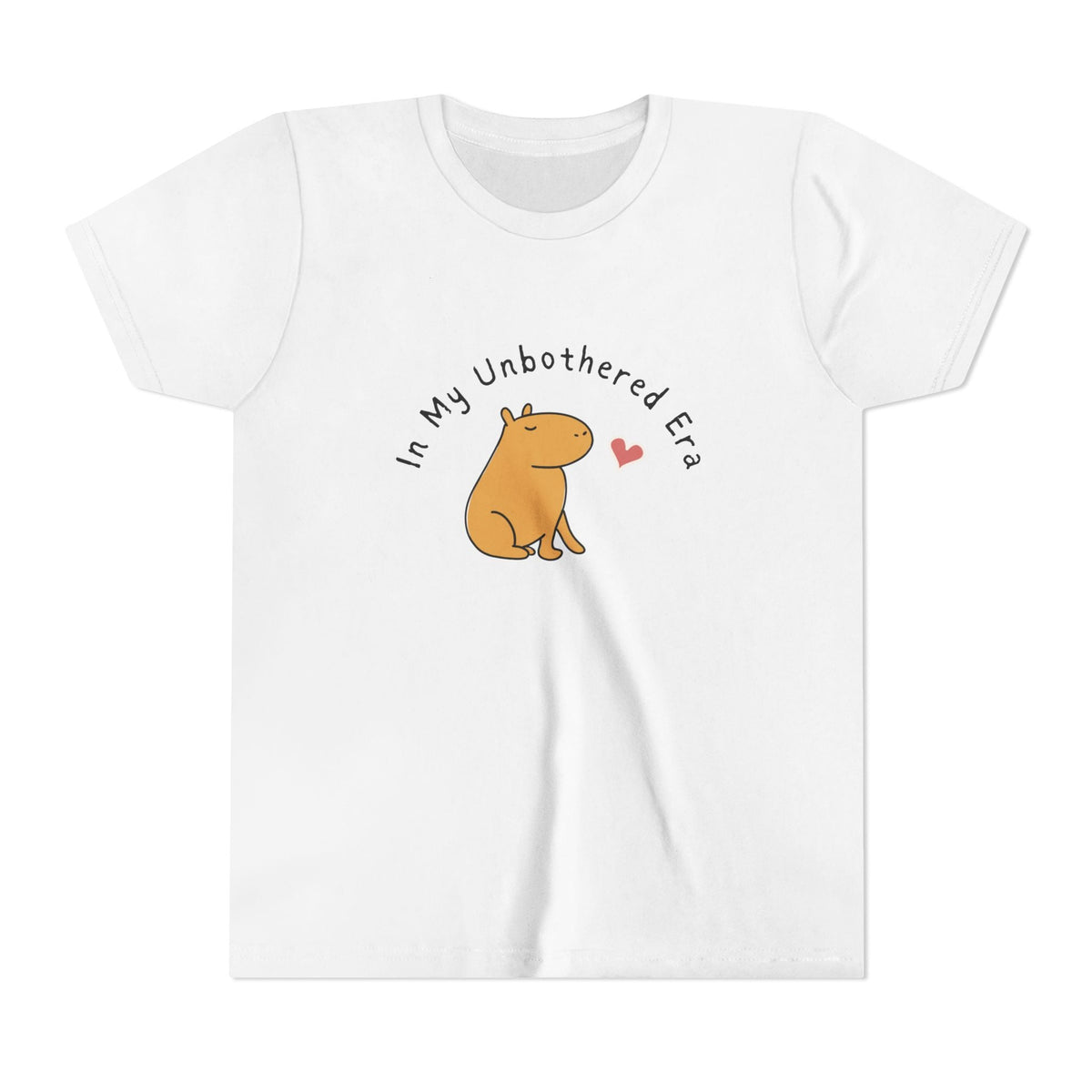 Capy Life white kids t-shirt featuring a cute capybara illustration and In My Unbothered Era text with a small heart.