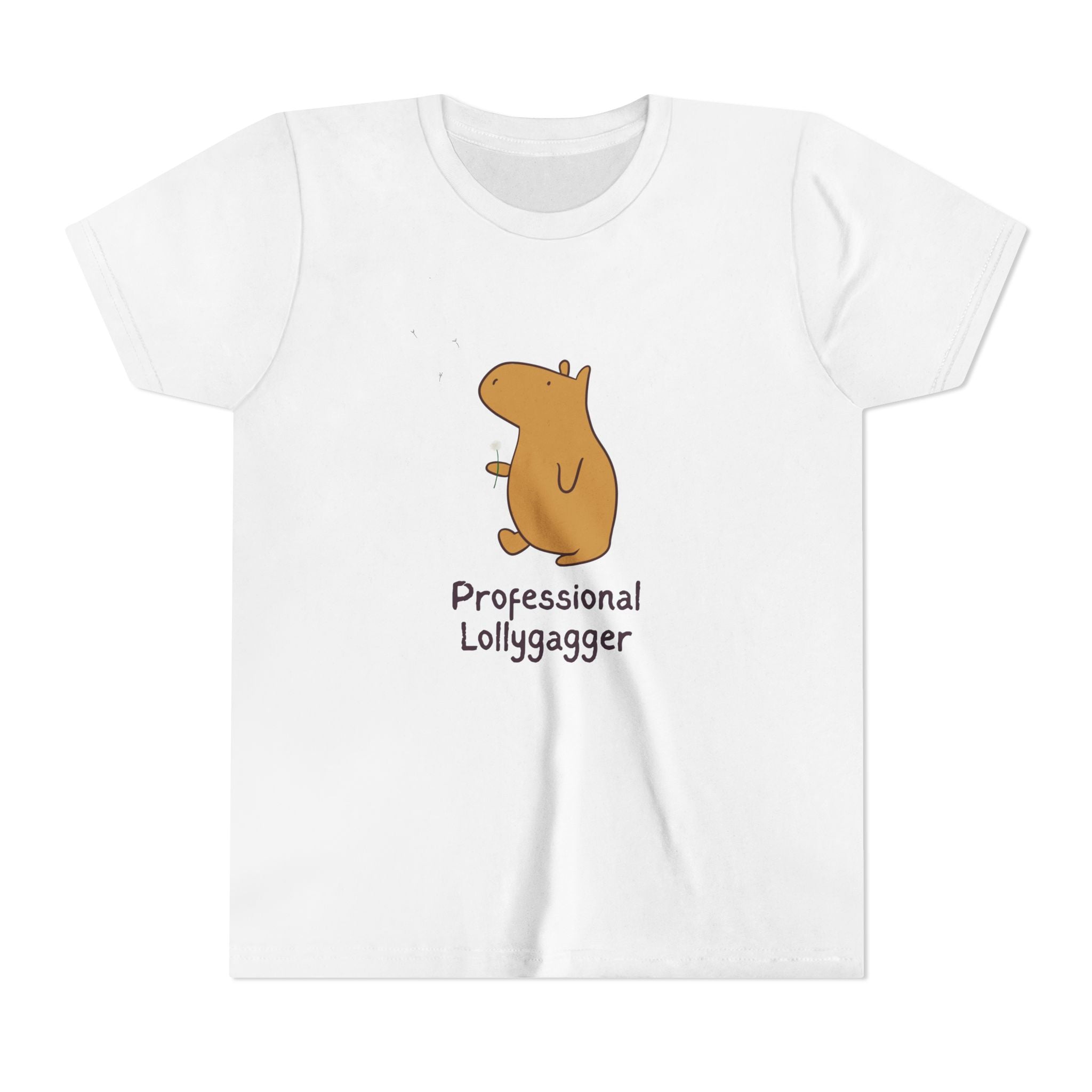 Capy Life white cotton kids t-shirt featuring a hand-drawn brown capybara and the text Professional Lollygagger.