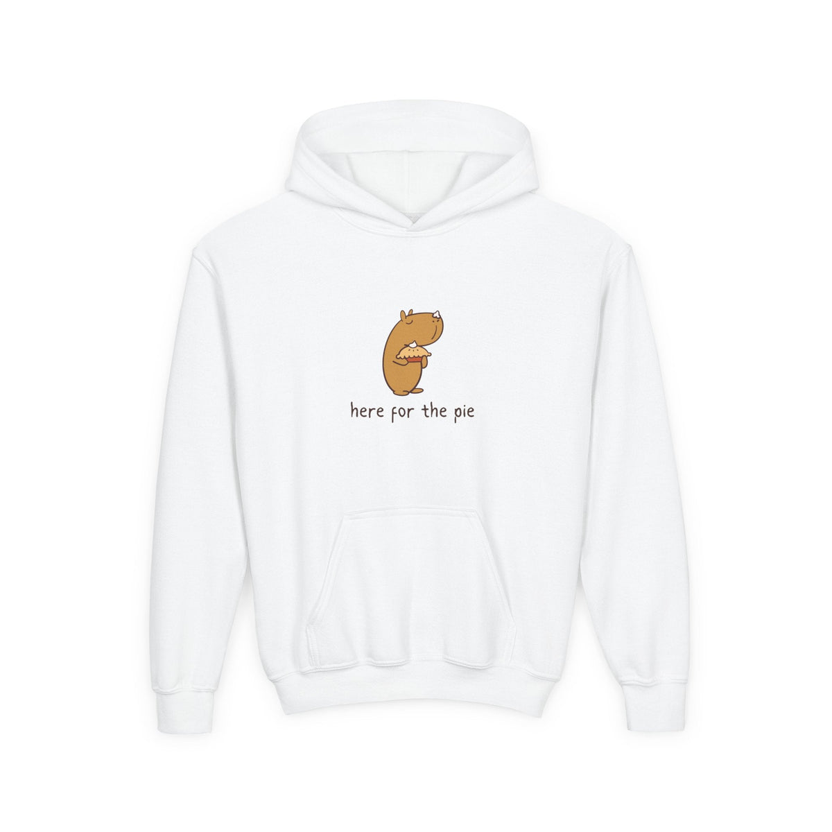 Capy Life white kids hoodie featuring a cute illustration of a capybara holding a pie with the text here for the pie