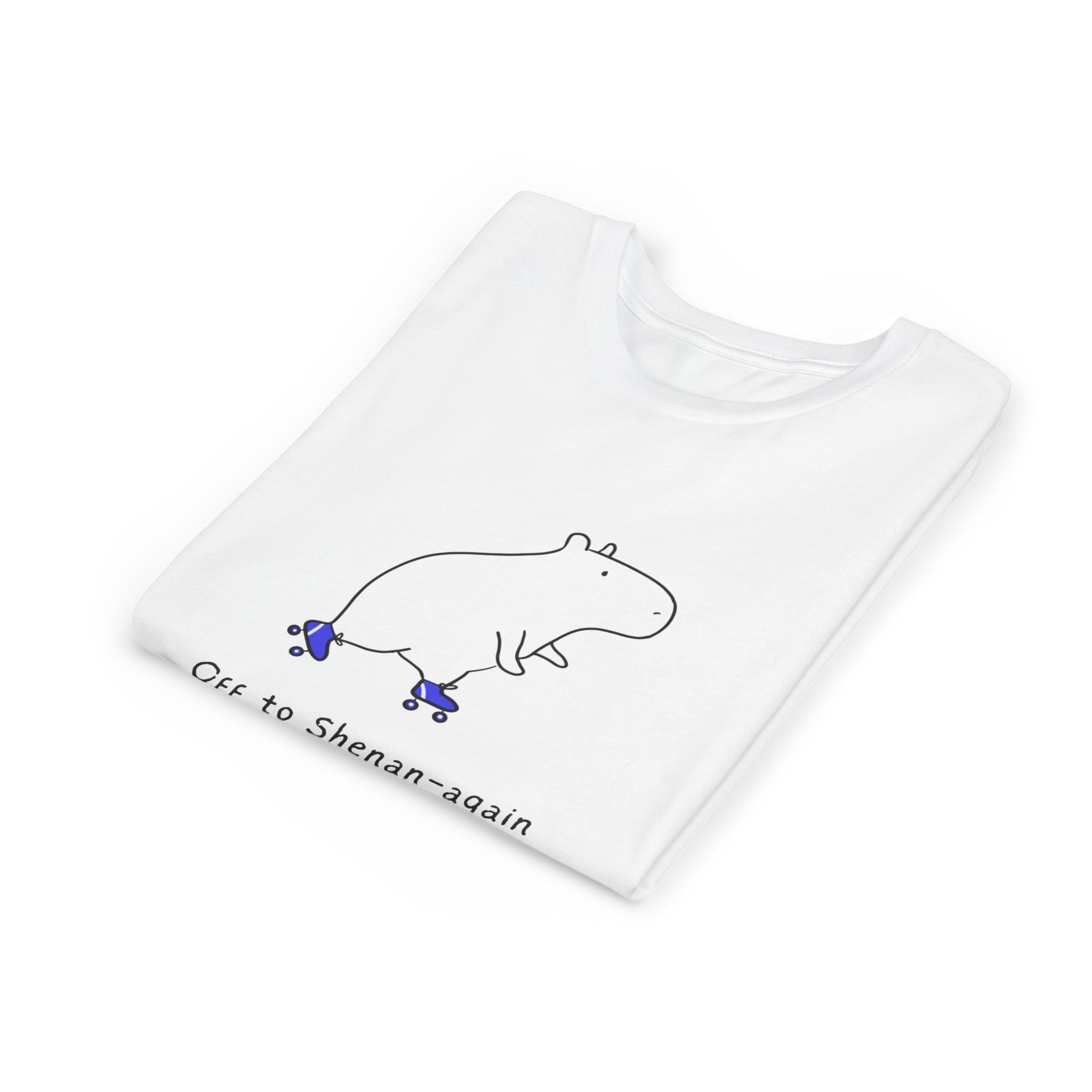 Capy Life white kids graphic tee featuring a doodle of a capybara on roller skates with the text Off to Shenan-again.