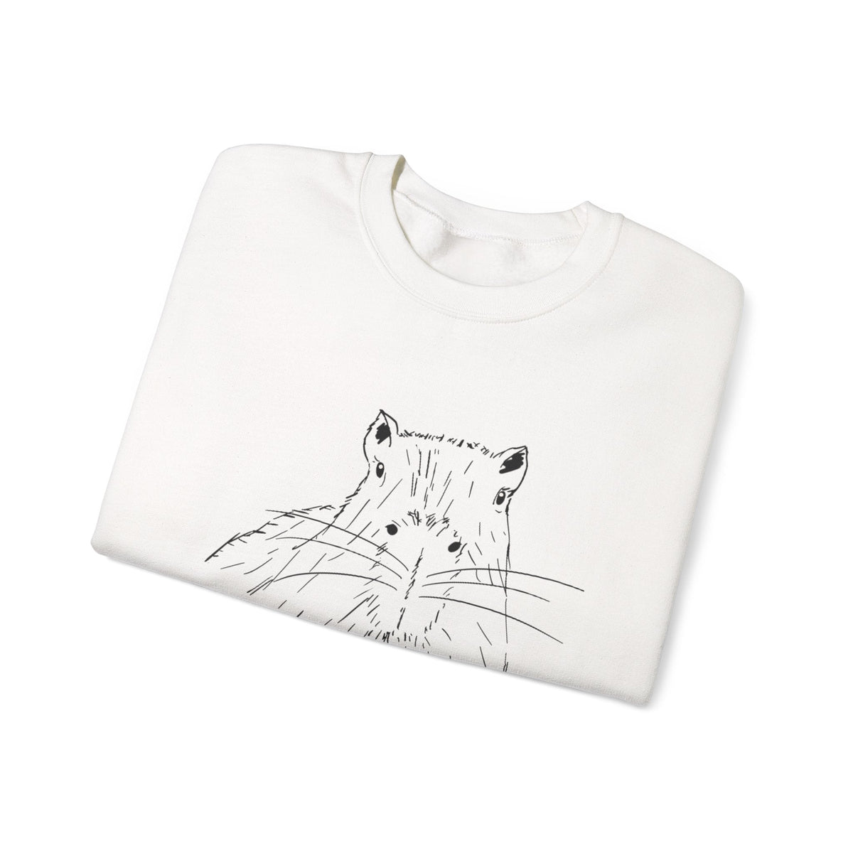 Capy Life white crewneck sweatshirt featuring a hand-drawn black line art illustration of a curious capybara.