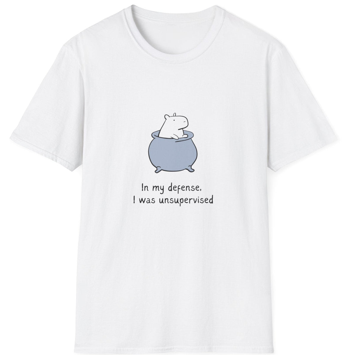 Capy Life white softstyle cotton t-shirt featuring a cute capybara in a pot and the text In my defense I was unsupervised