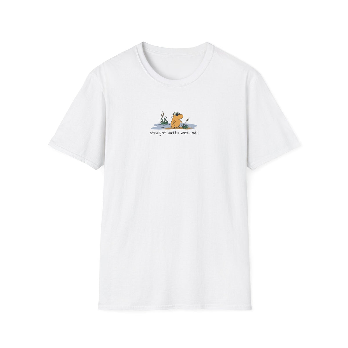 Capy Life white softstyle t-shirt featuring a hand-drawn capybara in a backwards hat with Straight Outta Wetlands text.