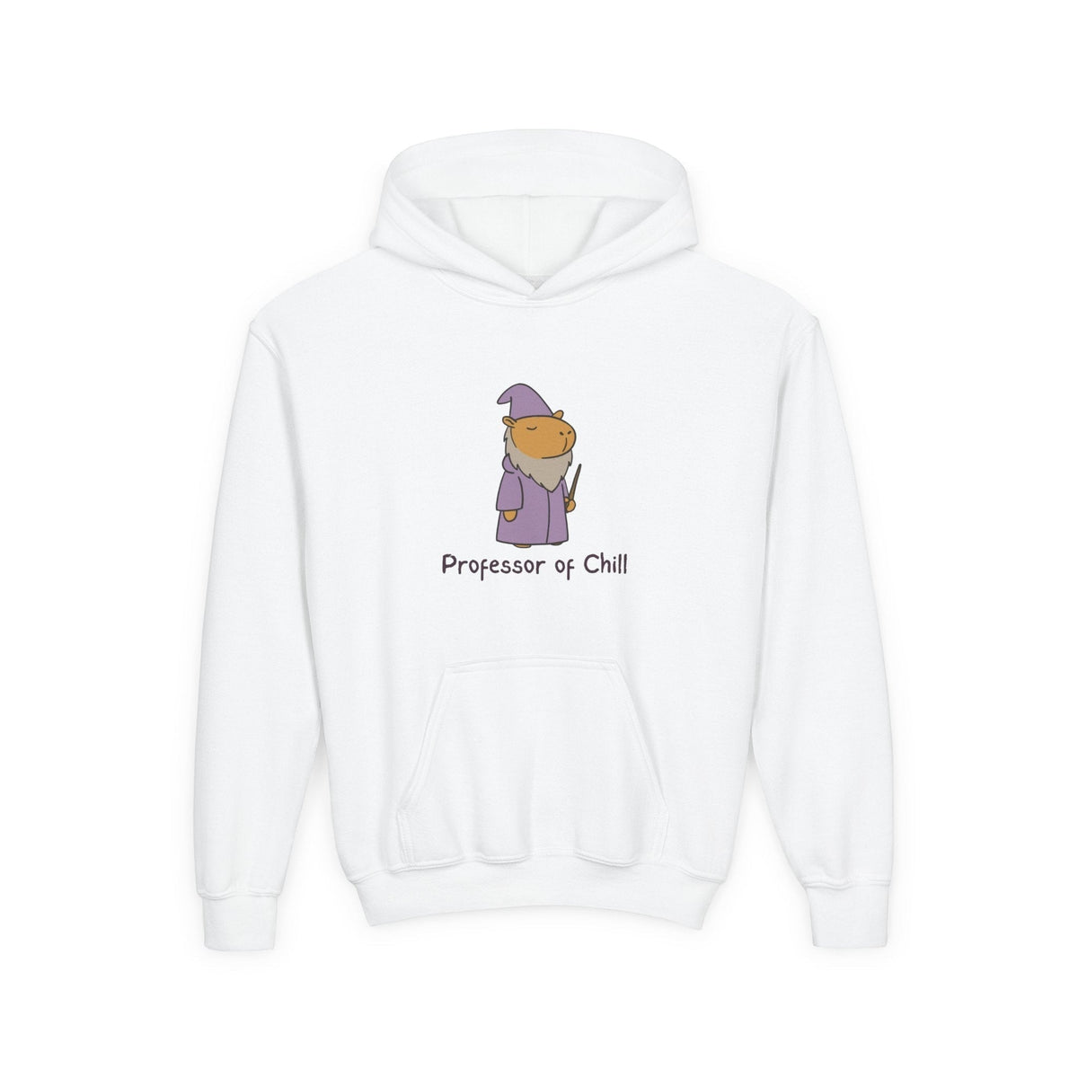 Capy Life white kids hoodie featuring a cute wizard capybara graphic and the text Professor of Chill.