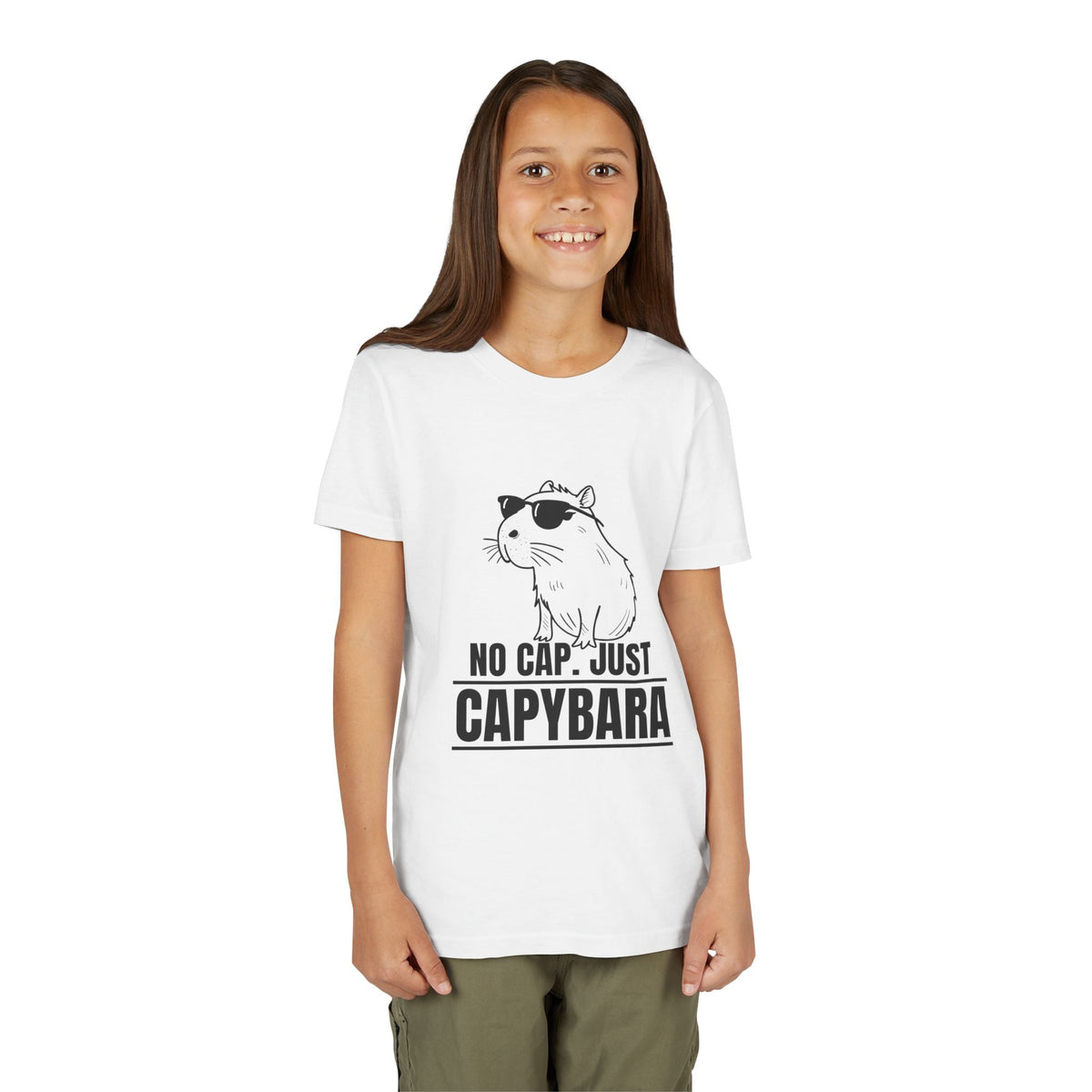 Capy Life youth white cotton t-shirt featuring a graphic of a capybara wearing sunglasses and the text No Cap.