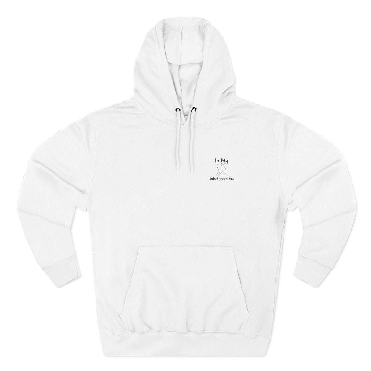 Capy Life white premium hoodie with minimalist embroidered capybara design and In My Unbothered Era text on chest