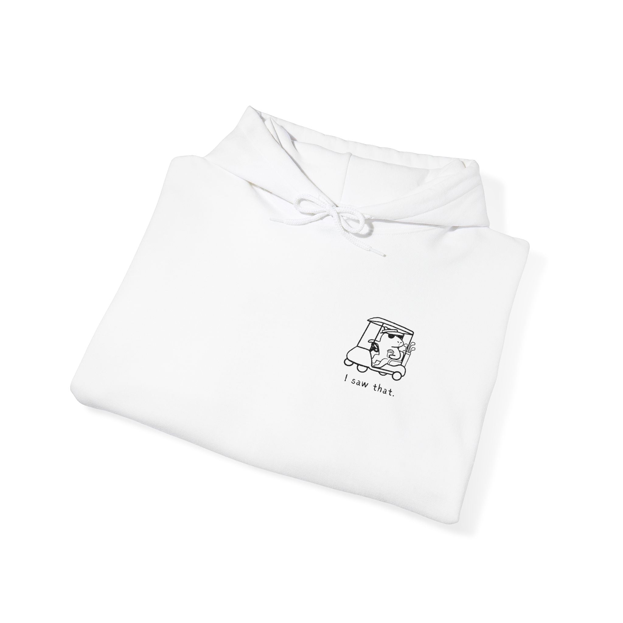 Capy Life white hoodie featuring a minimalist embroidered capybara in a golf cart with the text I saw that.
