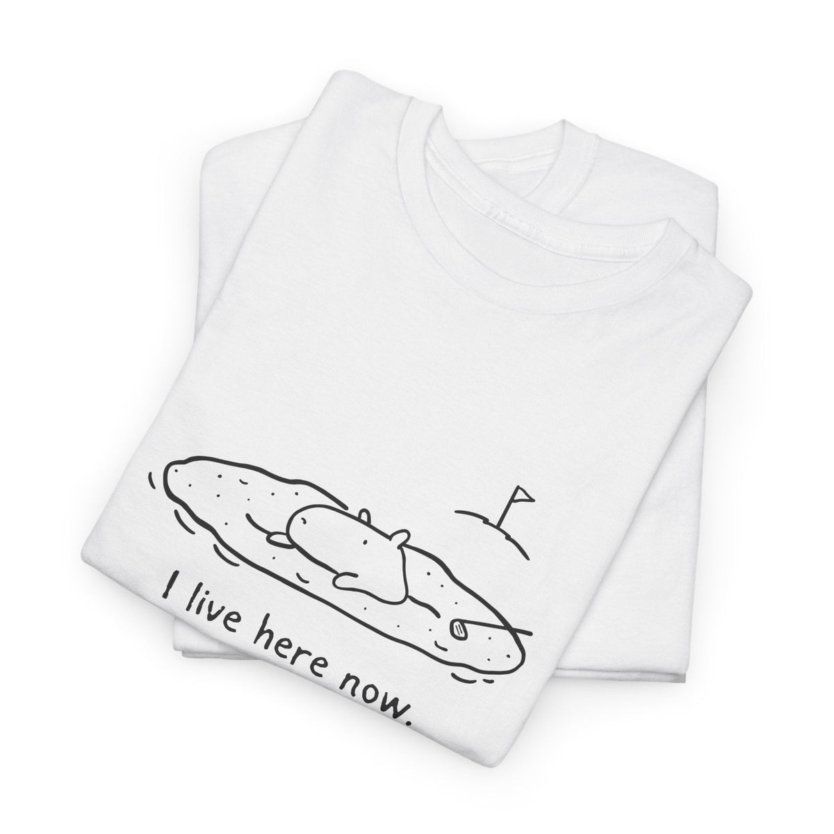 Capy Life white t-shirt featuring a minimalist line drawing of a capybara relaxing in a golf sand bunker.
