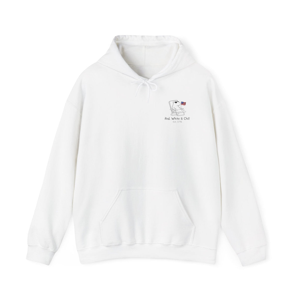 Capy Life white pullover hoodie featuring a minimalist graphic of a capybara lounging with an American flag.