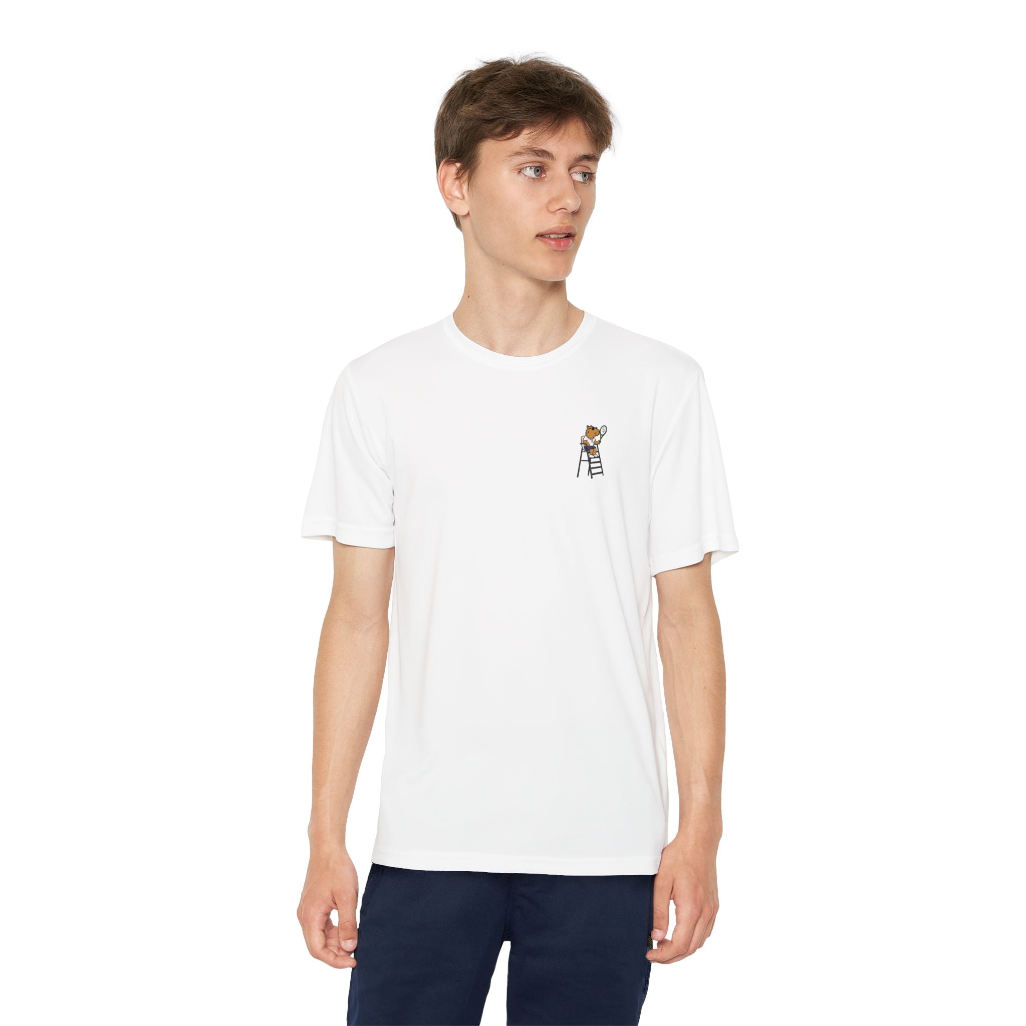 Capy Life white performance tennis t-shirt with a small capybara umpire graphic on the chest worn by a young man