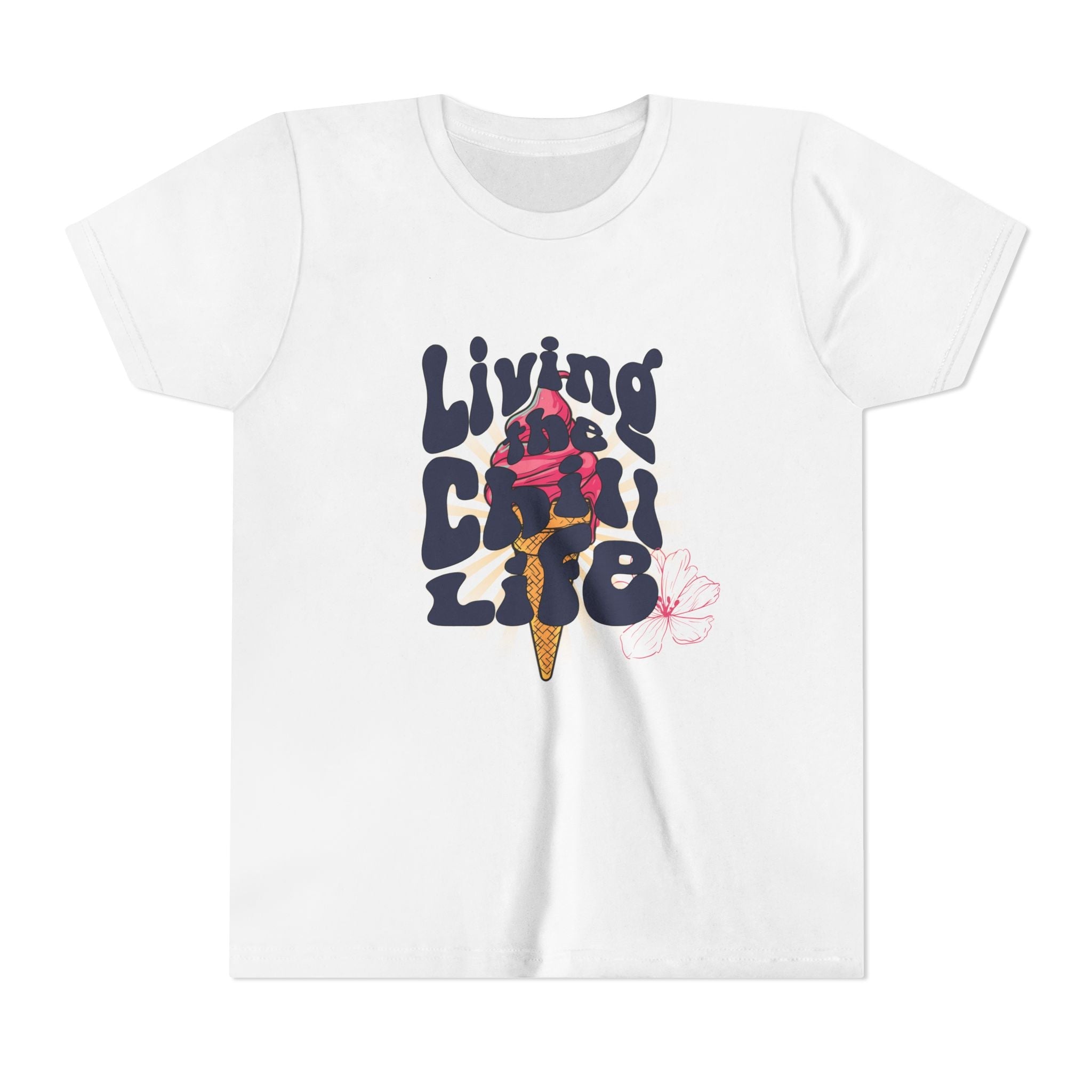 Capy Life white youth t-shirt featuring a retro ice cream graphic with the text Living the Chill Life