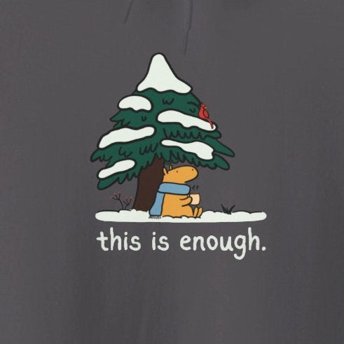 Capy Life charcoal grey hoodie featuring a capybara in a blue scarf under a snowy tree with the text this is enough.