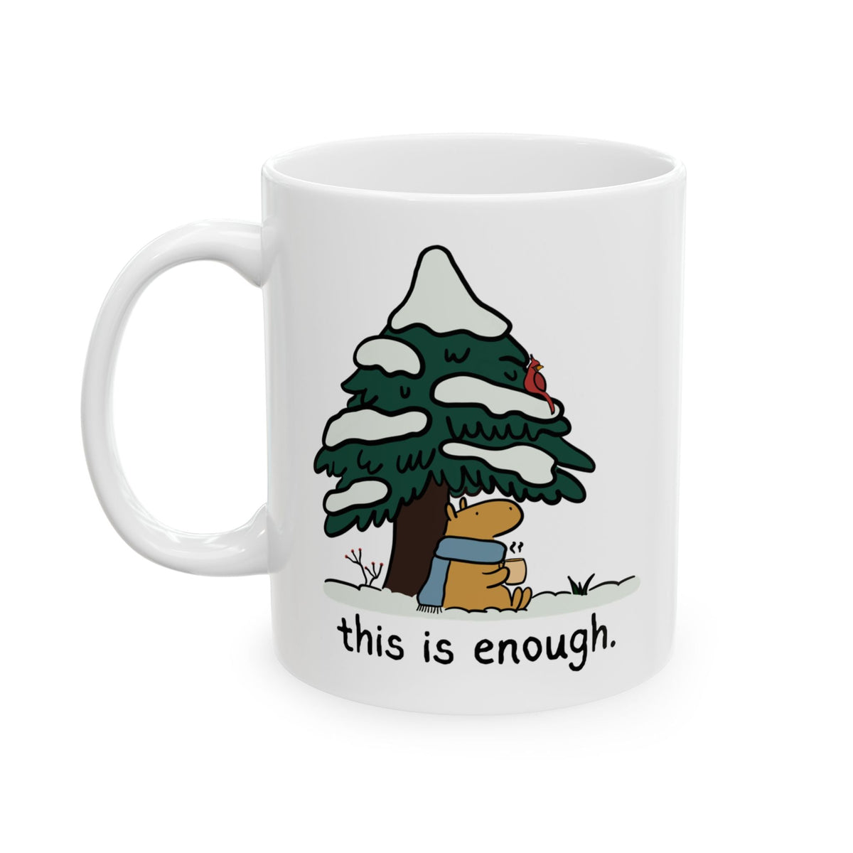 Capy Life white ceramic mug featuring a capybara in a blue scarf under a snowy evergreen tree with a red cardinal.