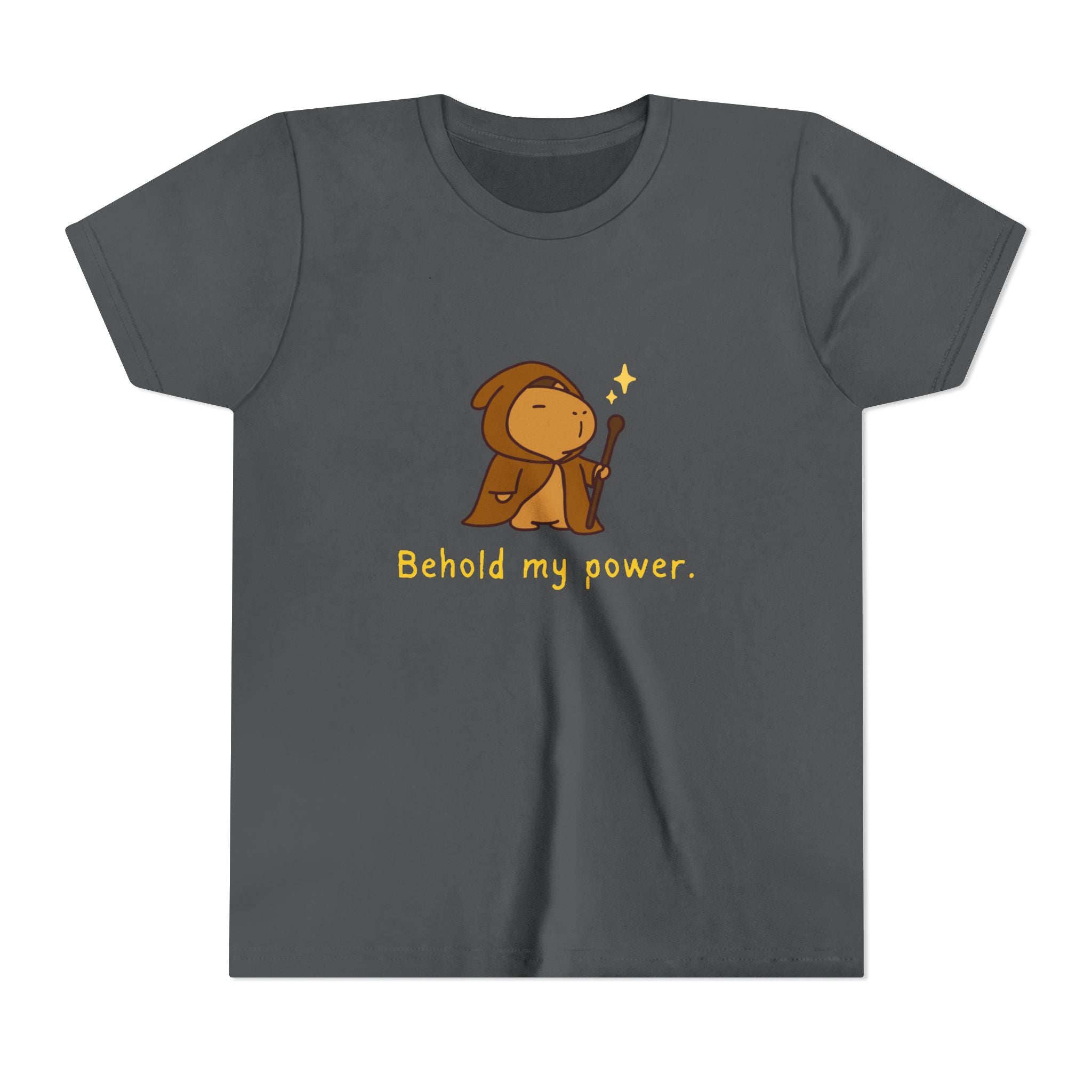 Capy Life kids charcoal grey cotton t-shirt featuring a cute wizard capybara graphic with the text Behold my power.