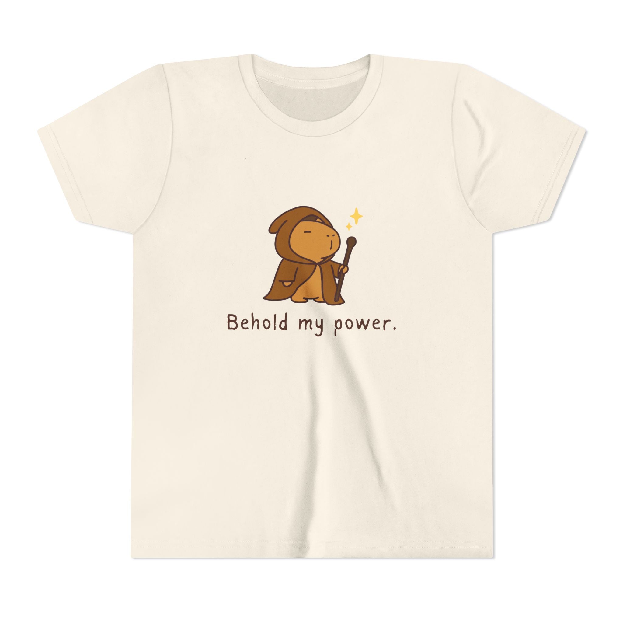 Capy Life kids t-shirt in cream cotton featuring a cute hand-drawn wizard capybara graphic with a magic wand